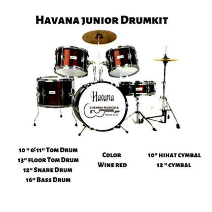 Havana 104-5WR 5-Piece Junior Acoustic Drum Set With Hardware- Wine Red - Image 3